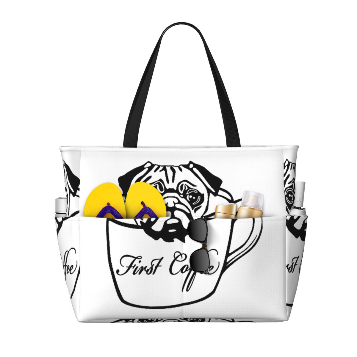Yoga In Fitness First - Pug First Coffee Beach Tote Bag