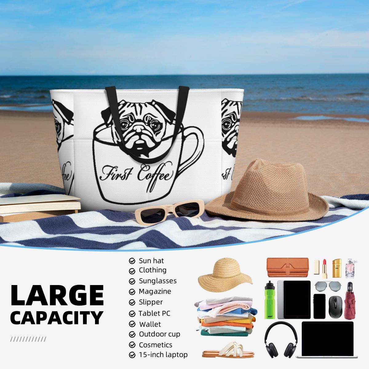 Pug First Coffee Beach Tote Ba - Yoga In Fitness First ulasan dan harga